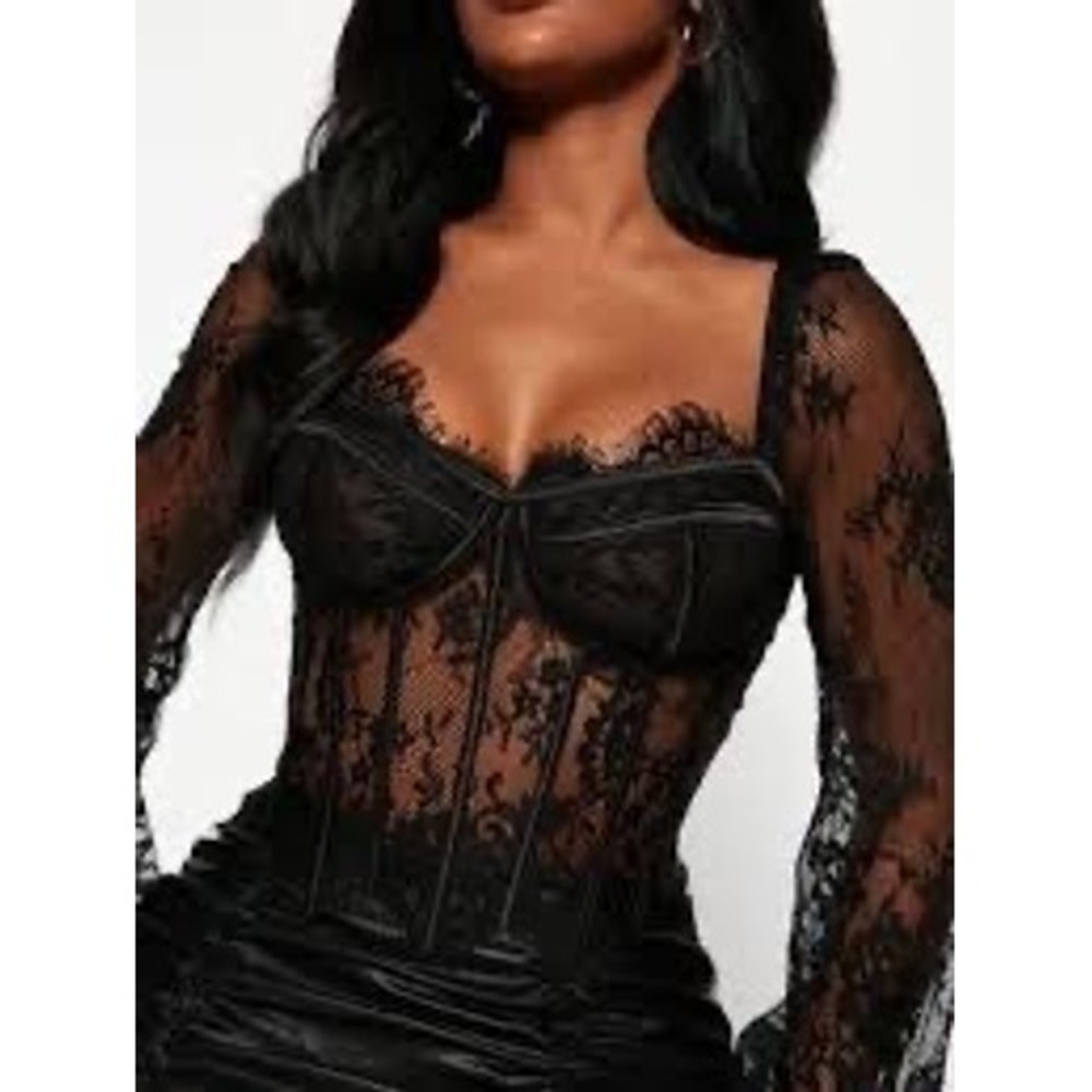 Lace Mesh Long Sleeve Corset Top Fitted Eyelash Trim Medium Coquette Whimsigoth